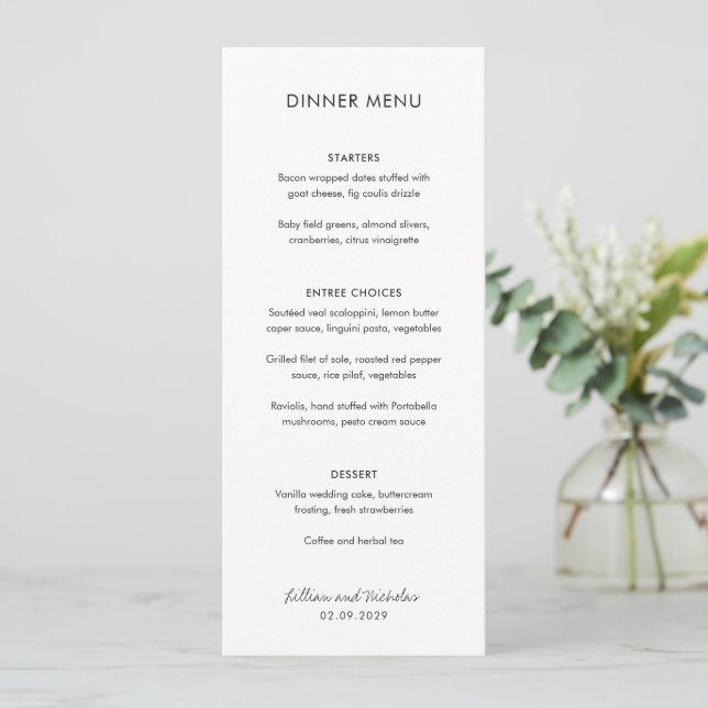Elegant Svart och Vitt Modern Bröllop Meny (Stående Fram)