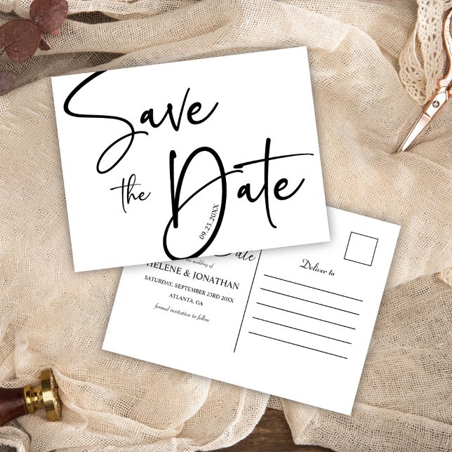 Elegant, svart och vitt, modernt, minimalistiskt B Vykort (Elegant Black And White Modern Minimalist Wedding Postcard)