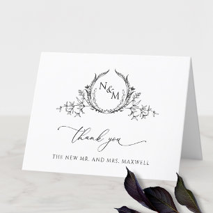 Elegant Svart och Vitt Monogram Bröllop Tack Kort