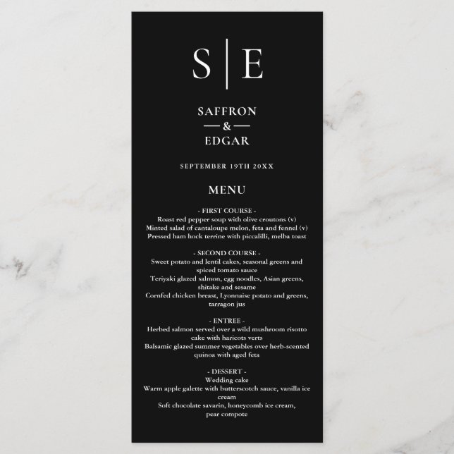 Elegant svart och vitt monogram bröllopsmiddag meny (Framsida)