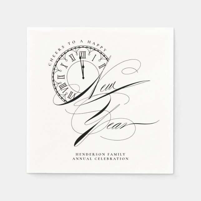 Elegant Svart och Vitt Nyår Pappersservett (Framsidan)