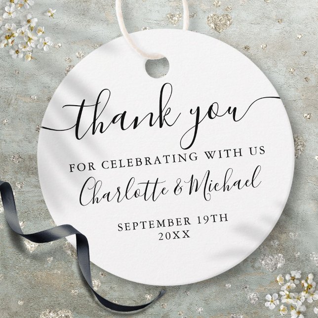 Elegant, svart och vitt skript Tack Bröllop Gåvor Etiketter (Elegant Black And White Script Thank You Wedding Favor Tags)