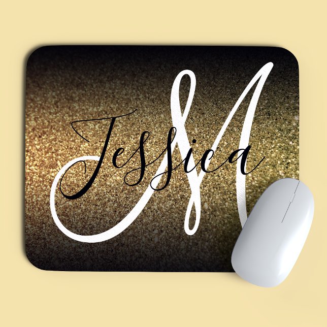 Elegant svart ombré guld glitter monogram musmatta (Skapare uppladdad)