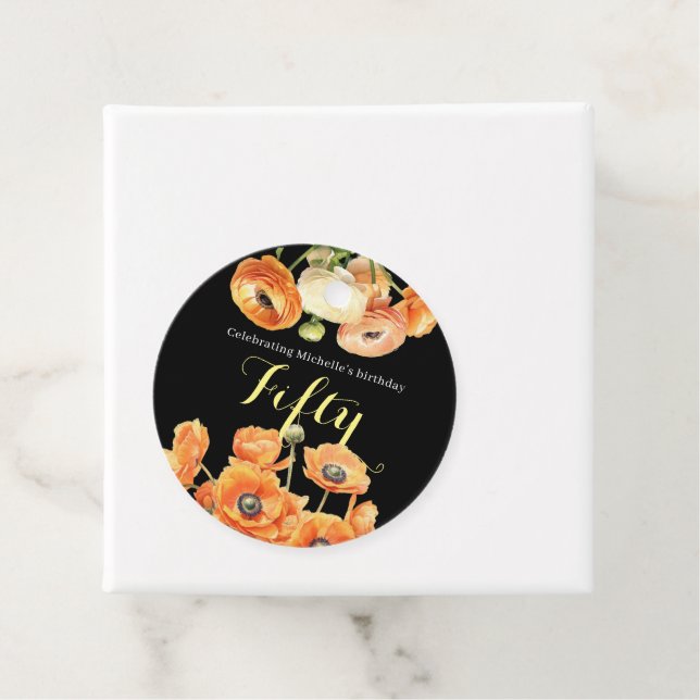 Elegant Svart Orange Blommigt 50:e Födelsedagsfest Gåvor Etiketter (På plats)