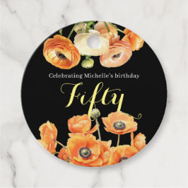 Elegant Svart Orange Blommigt 50:e Födelsedagsfest Gåvor Etiketter