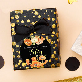 Elegant Svart Orange Blommigt 50:e Födelsedagsfest Runt Klistermärke