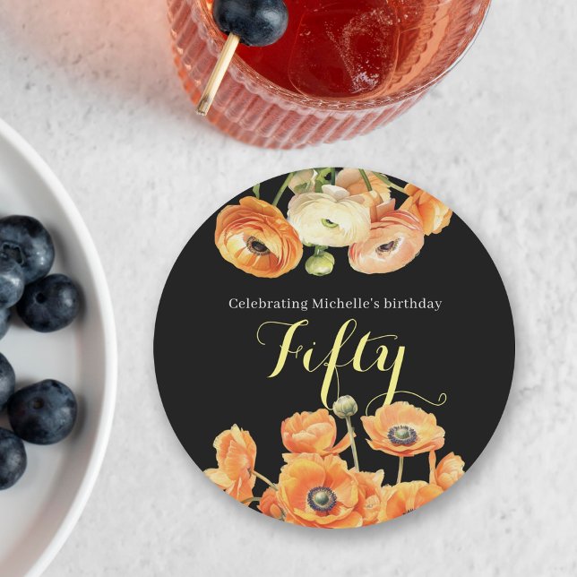 Elegant Svart Orange Blommigt 50:e Födelsedagsfest Underlägg Papper Rund (Skapare uppladdad)