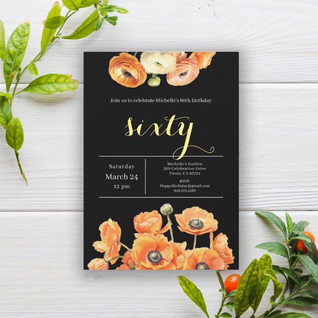 Elegant Svart Orange Blommigt 60:e Födelsedagsfest Inbjudningar (Skapare uppladdad)