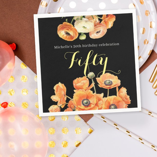 Elegant svart orange blomster 50-års födelsedagsfe pappersservett (Skapare uppladdad)