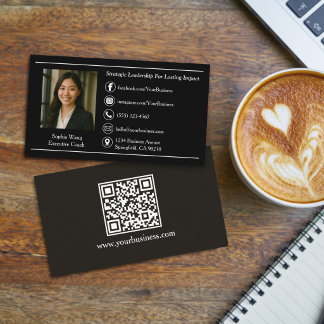 Elegant Svart Professionell Anpassad Foto & QR-kod Visitkort