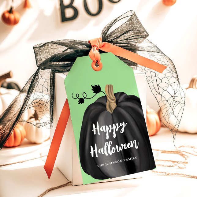 Elegant Svart Pumpa Halloween Presentetikett (Cute Green Script Pumpkin Happy Halloween Gift Tags)