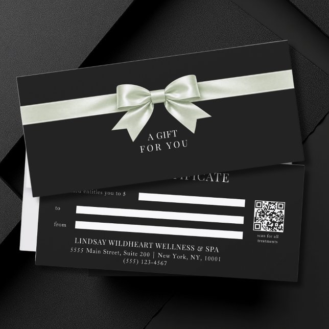 Elegant svart QR-kod för presentkort (Elegant Black Green Bow QR Code Gift Certificate)