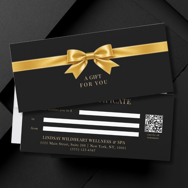 Elegant svart QR-kod för presentkort (Elegant Black Gold Bow QR Code Gift Certificate)