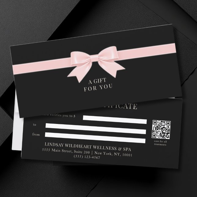 Elegant svart QR-kod för presentkort (Elegant Black Light Pink Beige Bow QR Code Gift Certificate)