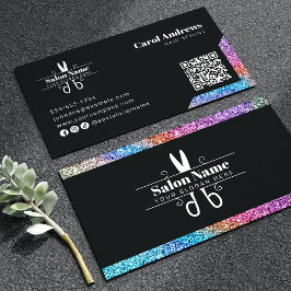 Elegant svart & regnbåge glitter frisör logotyp visitkort