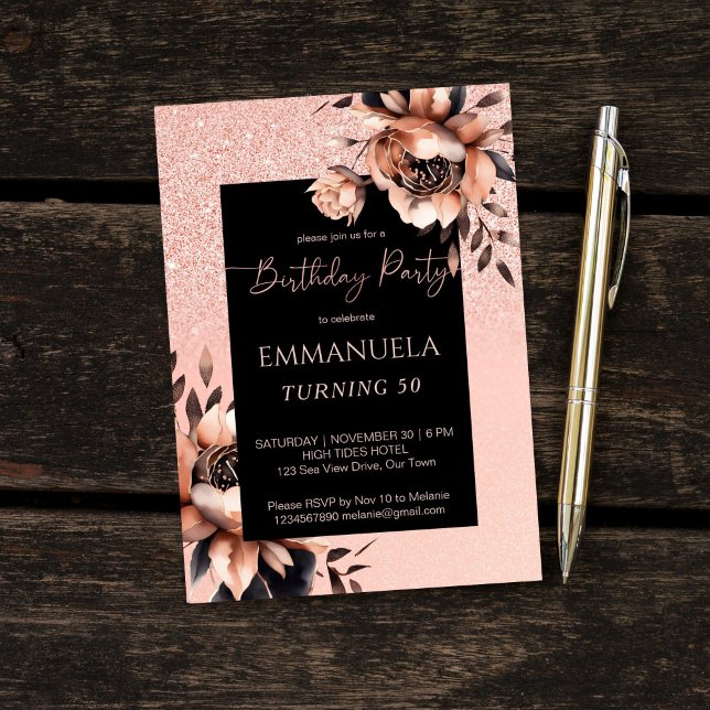 Elegant Svart ro guld blommigt-födelsedagsmall Inbjudningar (Elegant black rose gold floral birthday party editable template invitation digital download)