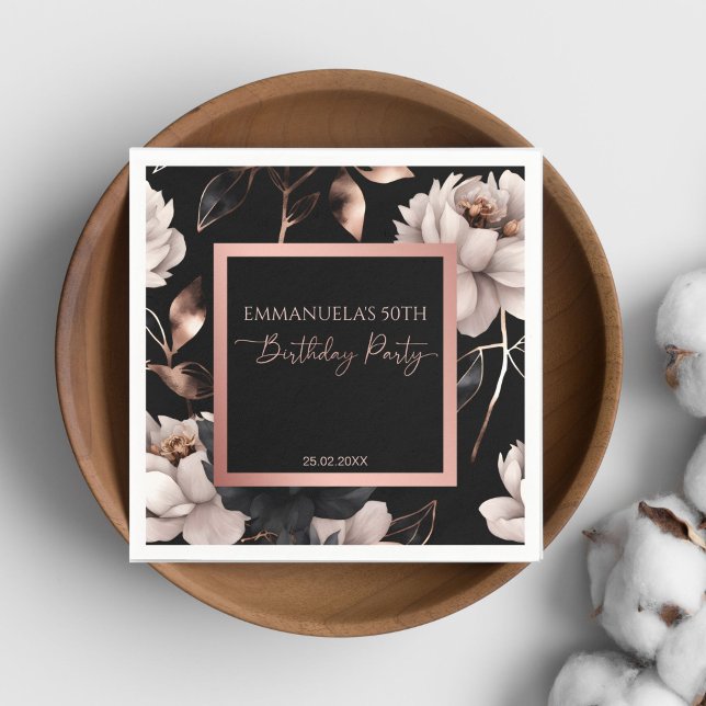 Elegant Svart ro guld blommigt-födelsedagsmall Pappersservett (Elegant black rose gold floral birthday party personalized tableware template napkins 50 th party)