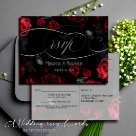 Elegant svart röd blomsterbröllop RSVP vykort