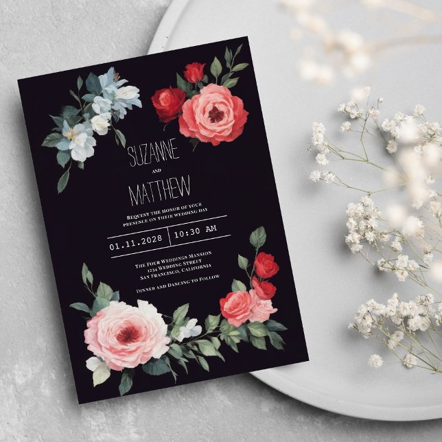 Elegant svart röd rosa blå rosor romantisk Bröllop Inbjudningar (Elegant black red pink blue roses romantic Wedding)