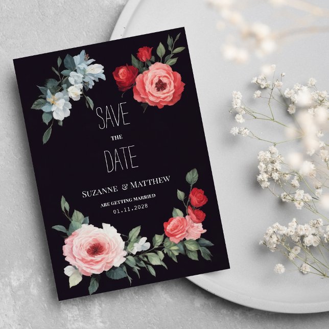 Elegant svart röd rosa blå rosor Spara datumet Inbjudningar (Elegant black red pink blue roses Save the Date)
