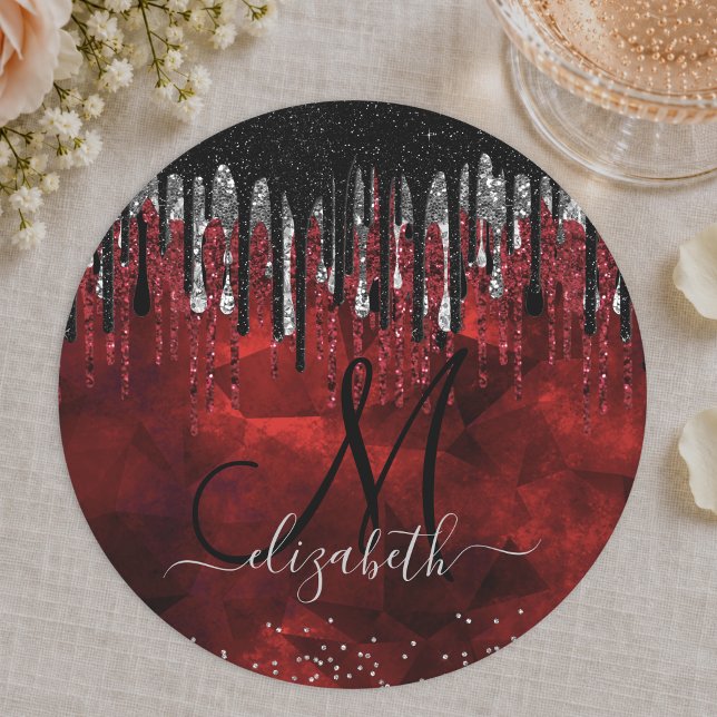 Elegant svart röd silver glitterdroppar monogram p underlägg papper rund (Skapare uppladdad)