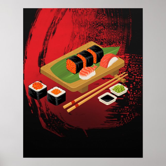 Elegant Svart & Röd Sushi Modern Chic Poster (Framsidan)