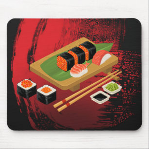 Elegant Svart & Röd Sushi Modern Stilig Design Musmatta