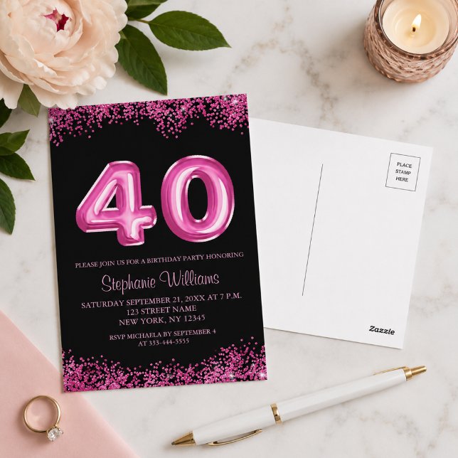 Elegant svart rosa 40-års födelsedagsinbjudan vykort (Add details to customize your invitation. Please see the collection for matching items.)