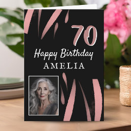 Elegant svart rosa akvarell 70-års födelsedagsfoto kort
