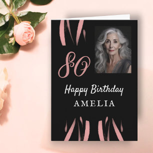 Elegant svart rosa akvarell 80-års födelsedagsfoto kort