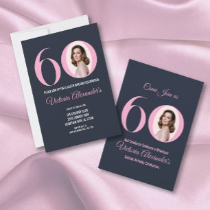 Elegant svart rosa foto 60-årsdag inbjudningar