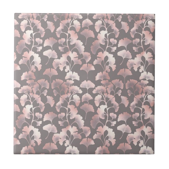 Elegant svart rosa Ginkgo-mönster Kakelplatta (Framsidan)