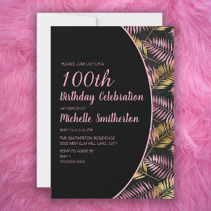Elegant svart rosa guld 100-årsdag inbjudningar