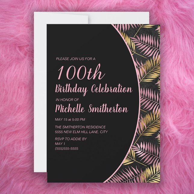 Elegant svart rosa guld 100-årsdag inbjudningar (Skapare uppladdad)