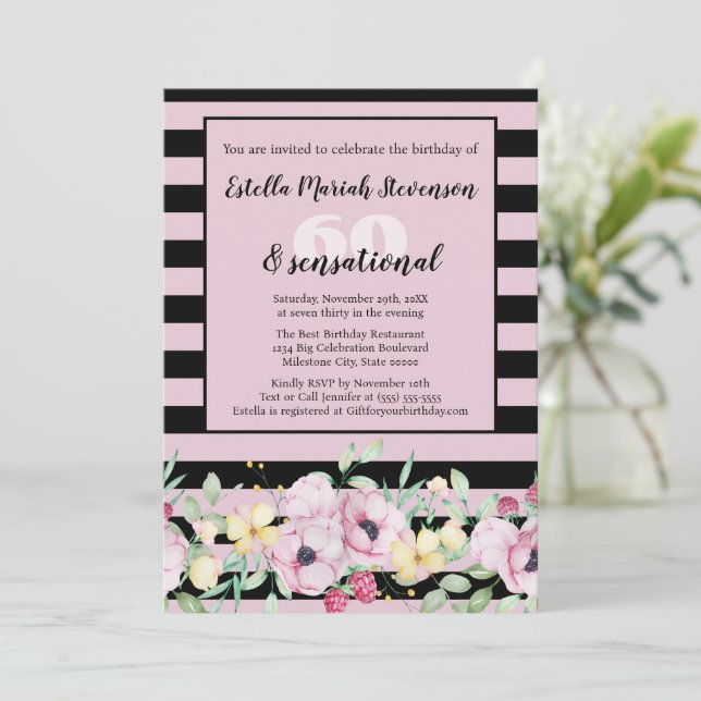 Elegant Svart Rosa Randig Blommig Födelsedag Inbjudningar (Stående Fram)