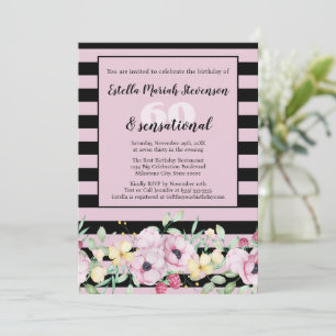 Elegant Svart Rosa Randig Blommig Födelsedag Inbjudningar
