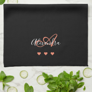 Elegant svart rosa skriptnamn monogram kökshandduk