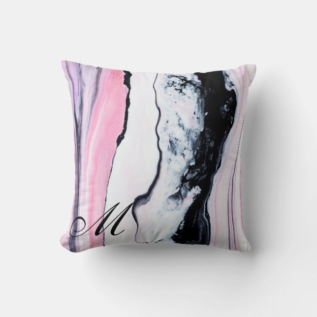 Elegant Svart Rosa, vit Monogram Marble Initial Kudde (Framsida)