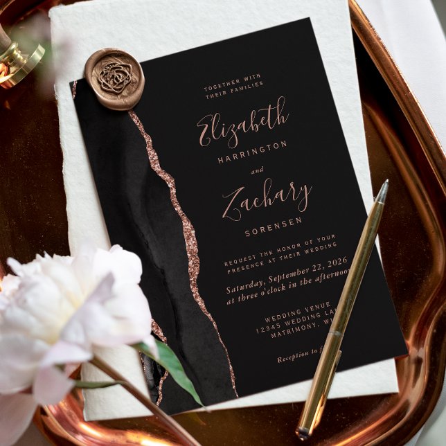 Elegant svart roséguld agat mörkt bröllopsinbjudan inbjudningar (The perfect choice for a black and rose gold themed wedding.)