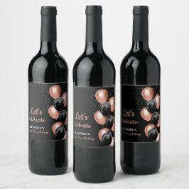 Elegant svart roséguld ballong chic födelsedag vinflaska etikett