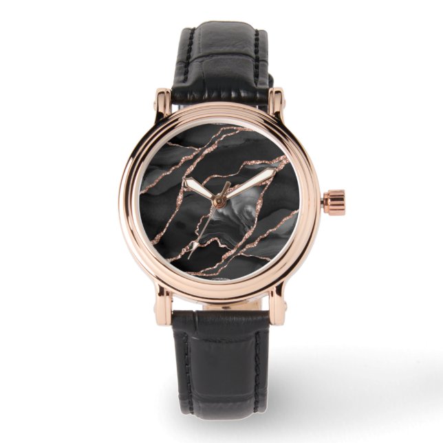 Elegant svart roseguld folie agat armbandsur (Framsida)