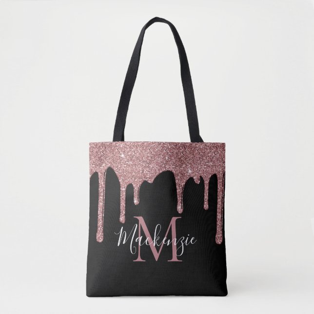 Elegant svart roséguld glitterdroppar monogram tygkasse (Framsida)