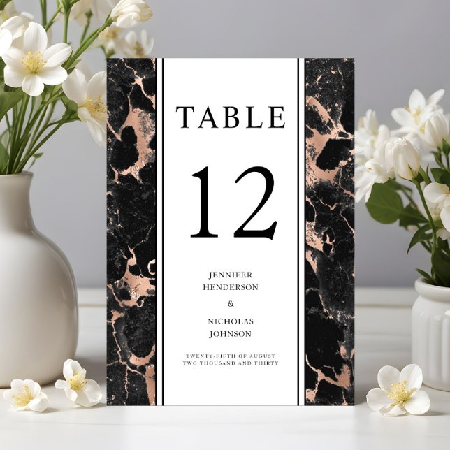 Elegant svart roséguld marmor bröllop  bordsnummer (Elegant Black Rose Gold Marble Wedding Table Number)