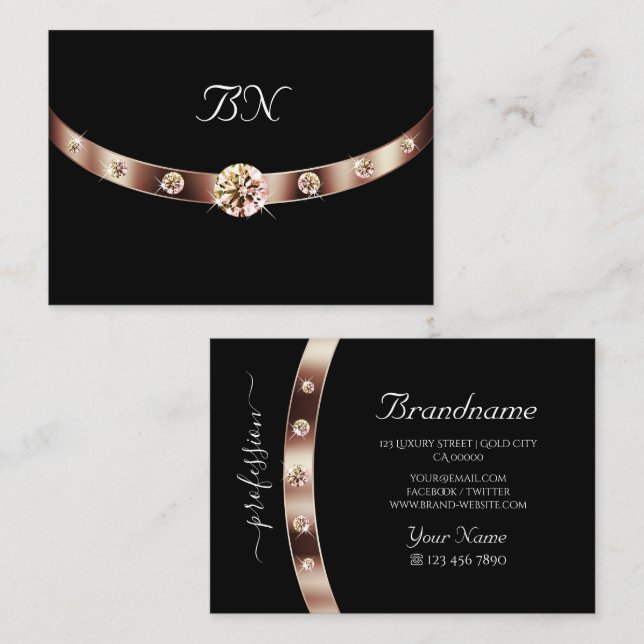 Elegant svart roséguld med monogram och diamanter visitkort (Fram/baksida)