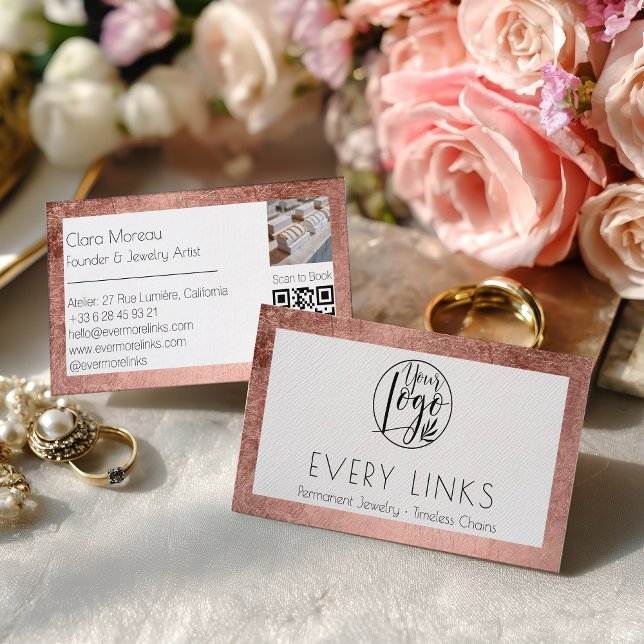 Elegant svart roséguld permanent smycke QR-kod Visitkort (Elegant Black Rose Gold Permanent Jewelry QR Code Business Card)