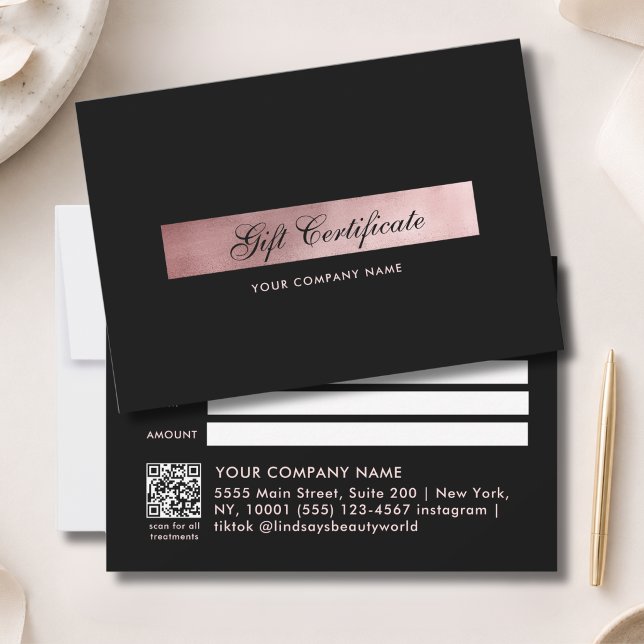Elegant svart roséguld QR-kod presentcertifikat (Elegant Black Rosegold QR Code Gift Certficate)
