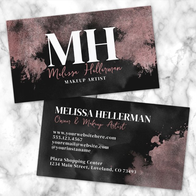 Elegant svart roséguldmonogram visitkort (Elegant Black Rose Gold Monogram Business Card)