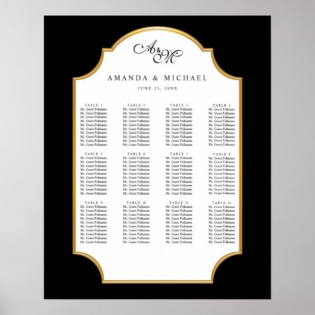 Elegant svart | Sätesdiagram för Guld Bröllop Poster (Framsidan)