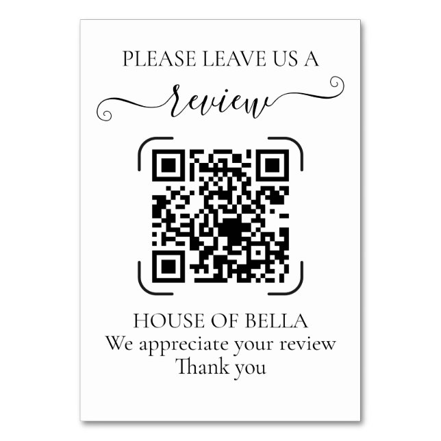 Elegant svart script QR-kod affärsrecension Bordsnummer (Framsidan)
