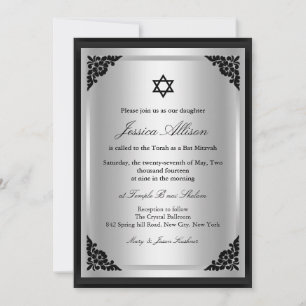 Elegant svart & silver bat mitzvah-inbjudan inbjudningar